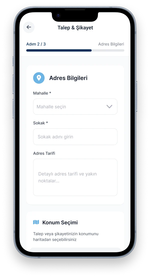 MEKİNSOFT Dijital Belediye - GPS Konum Tespit ve Adres Belirleme Ekranı
