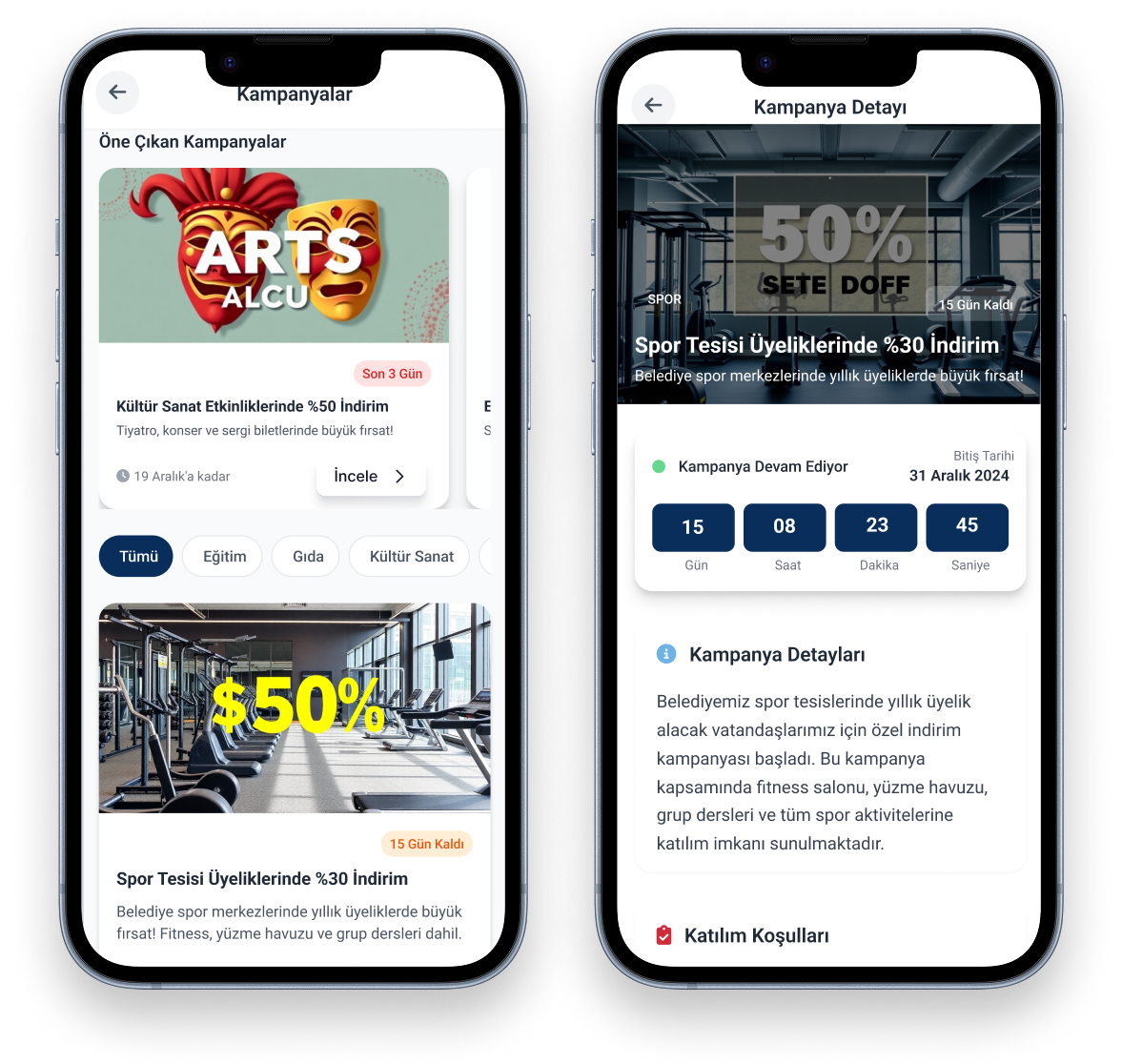 E-Belediye Kampanya Yönetimi - Vatandaşlara Özel İndirimler MEKİNSOFT Dijital Belediye Kampanyalar Modülü - Akıllı Şehir İndirim ve Fırsat Sistemi Mobil Ekranlar