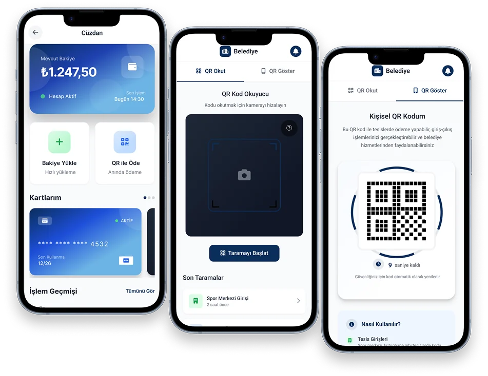 E-Belediye Dijital Cüzdan - Hızlı ve Temassız Ödeme Sistemi MEKİNSOFT E-Cüzdan Modülü - Dijital Belediye QR Kod ile Ödeme ve Bakiye Yönetimi Mobil Uygulama Ekranları